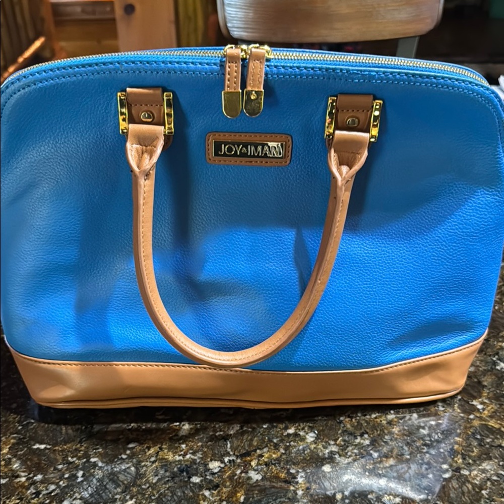 Joy & Iman Blue and Tan Satchel with Gold Accents
